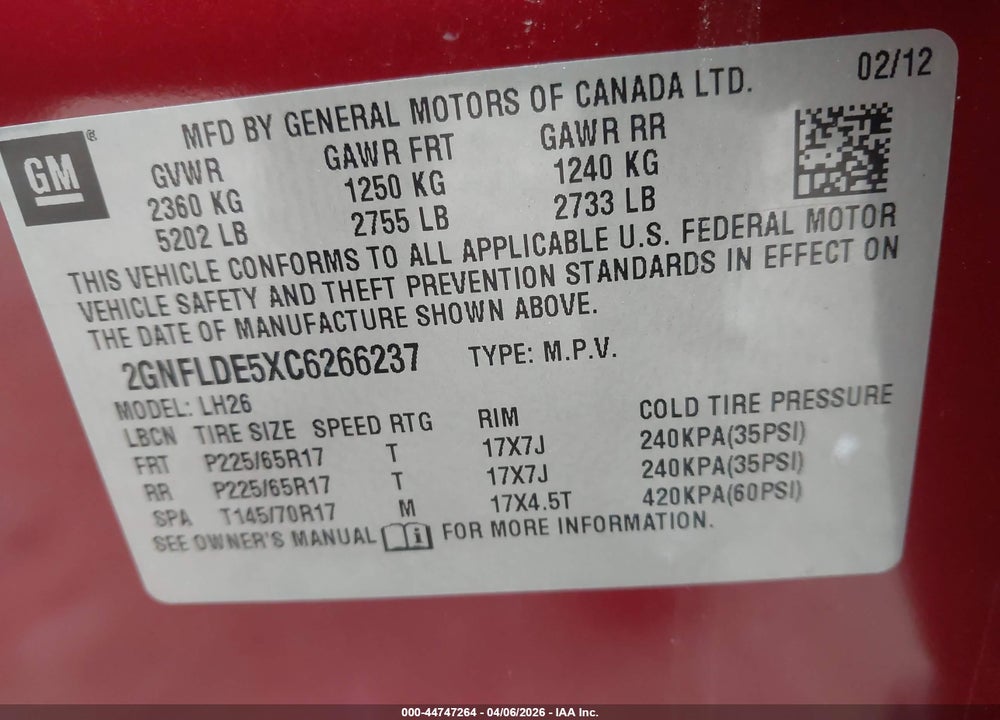2012 CHEVROLET EQUINOX 1LT VIN: 2GNFLDE5XC6266237