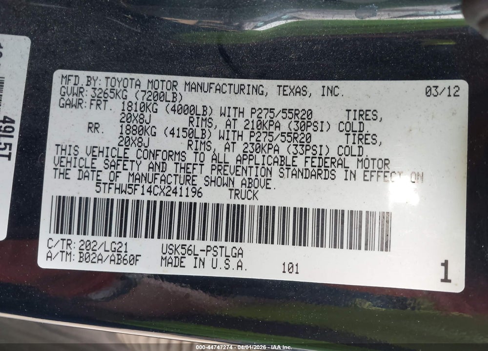 2012 TOYOTA TUNDRA LIMITED 5.7L V8 VIN: 5TFHW5F14CX241196