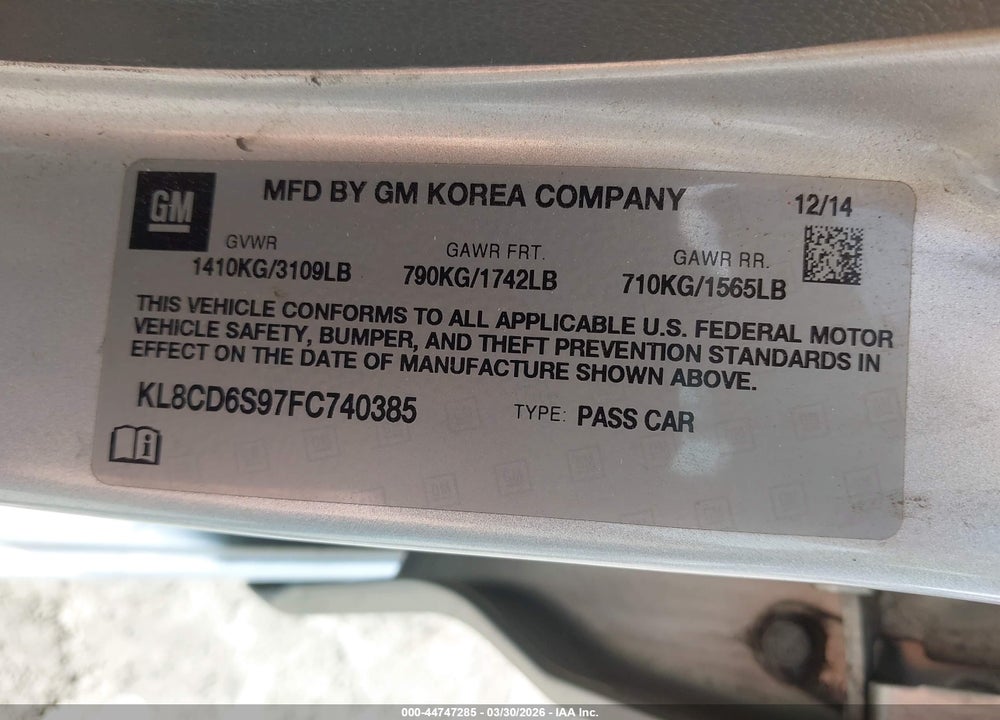 2015 CHEVROLET SPARK 1LT CVT VIN: KL8CD6S97FC740385