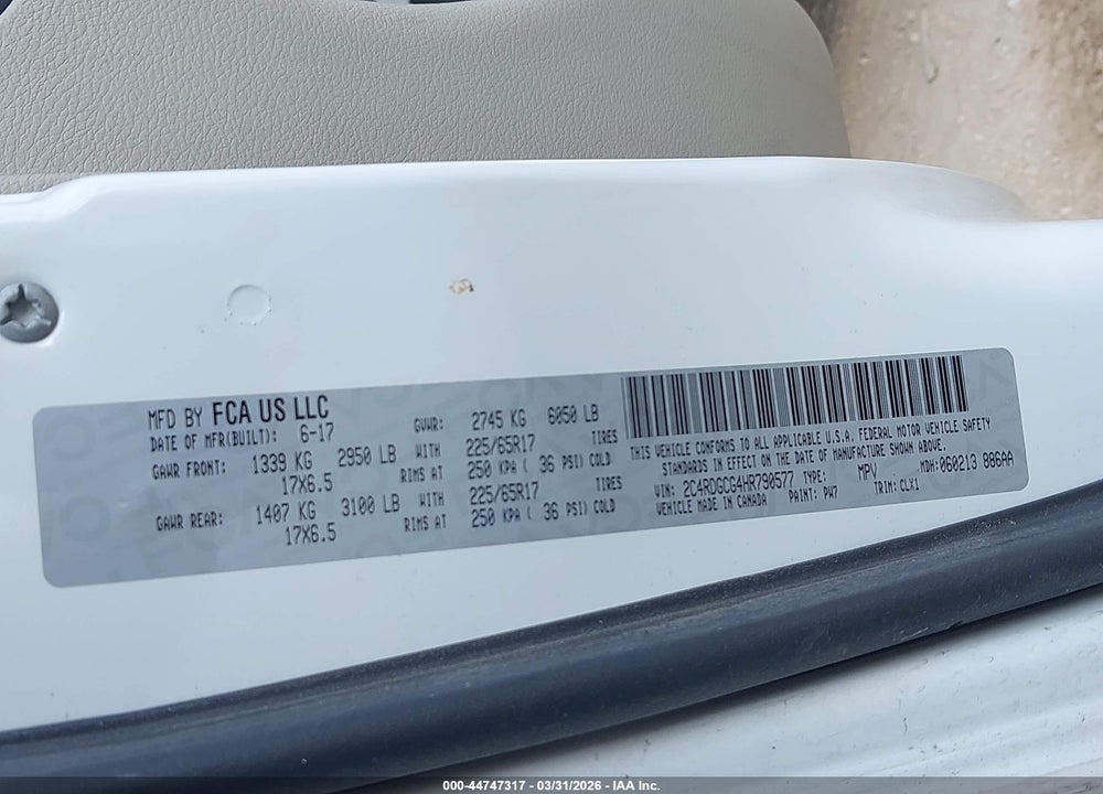 2017 DODGE GRAND CARAVAN SXT VIN: 2C4RDGCG4HR790577