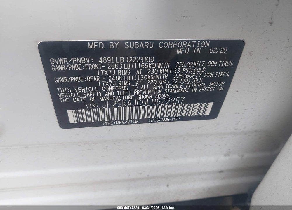 2020 SUBARU FORESTER PREMIUM VIN: JF2SKAJC5LH522857