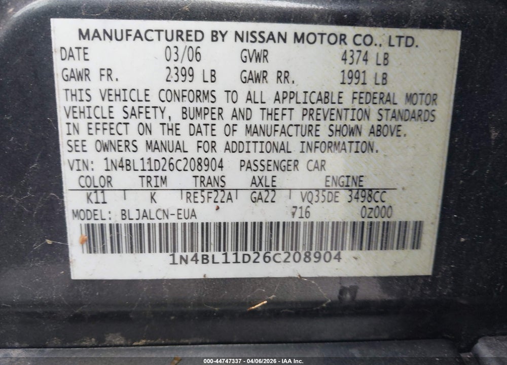 2006 NISSAN ALTIMA 3.5 SE VIN: 1N4BL11D26C208904