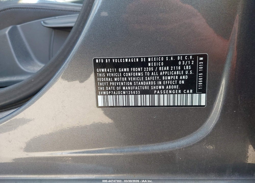 2012 VOLKSWAGEN JETTA 2.5L SE VIN: 3VWDP7AJXCM125633