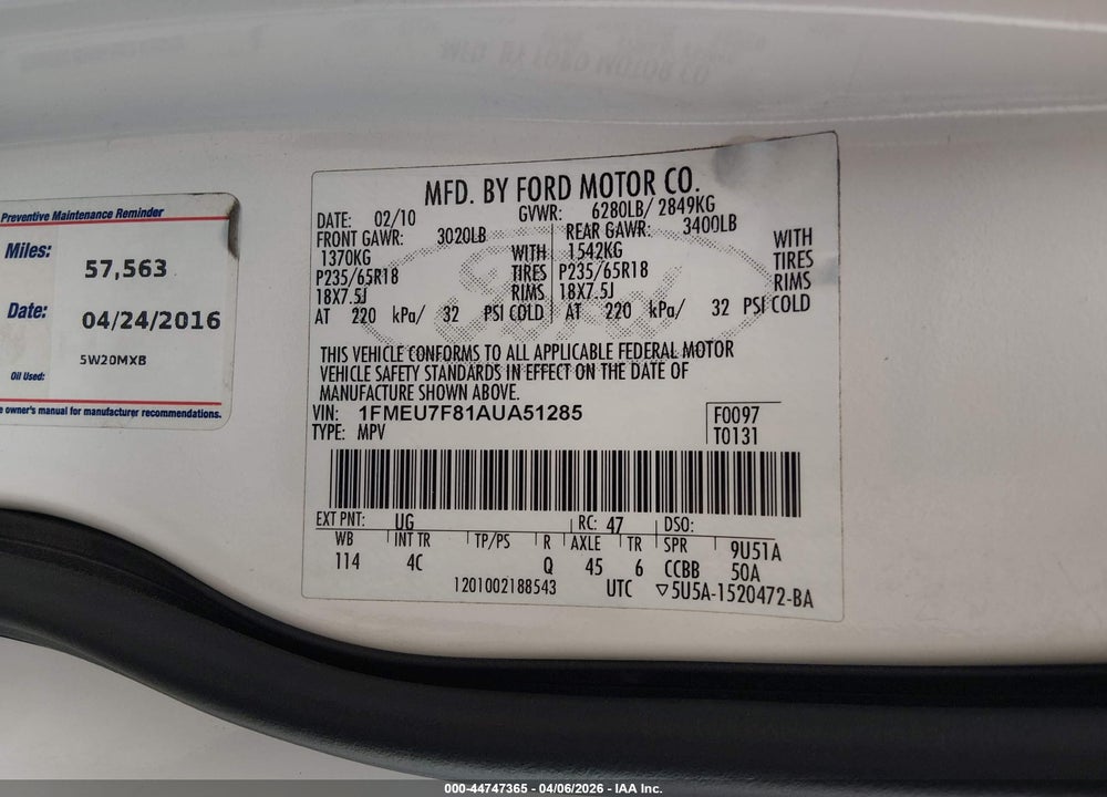 2010 FORD EXPLORER LIMITED VIN: 1FMEU7F81AUA51285