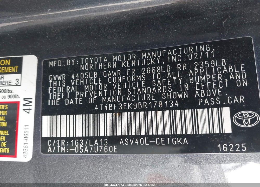 2011 TOYOTA CAMRY XLE VIN: 4T4BF3EK9BR178134