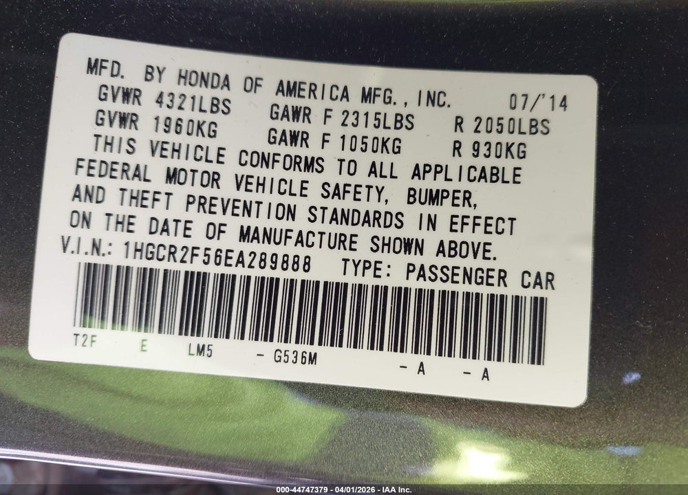2014 HONDA ACCORD SPORT VIN: 1HGCR2F56EA289888