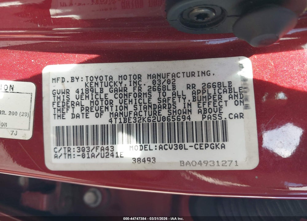 2002 TOYOTA CAMRY XLE VIN: 4T1BE32K62U065694