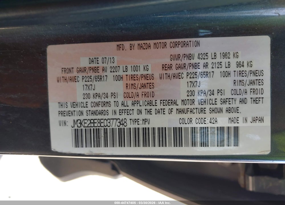 2014 MAZDA CX-5 SPORT VIN: JM3KE2BE8E0377348