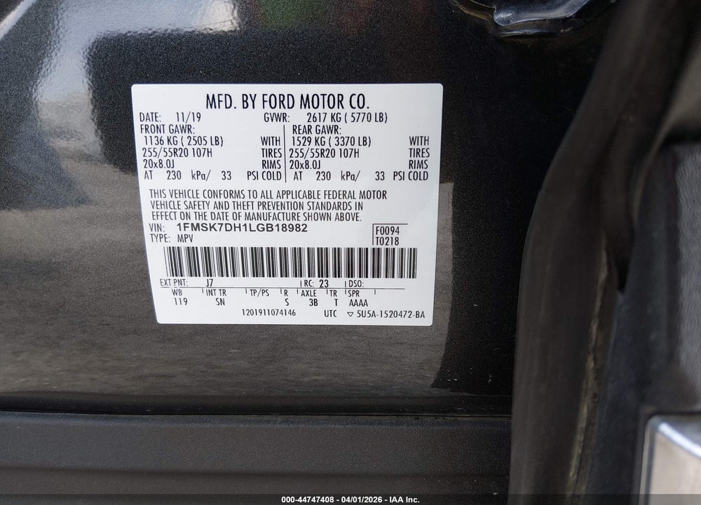 2020 FORD EXPLORER XLT VIN: 1FMSK7DH1LGB18982