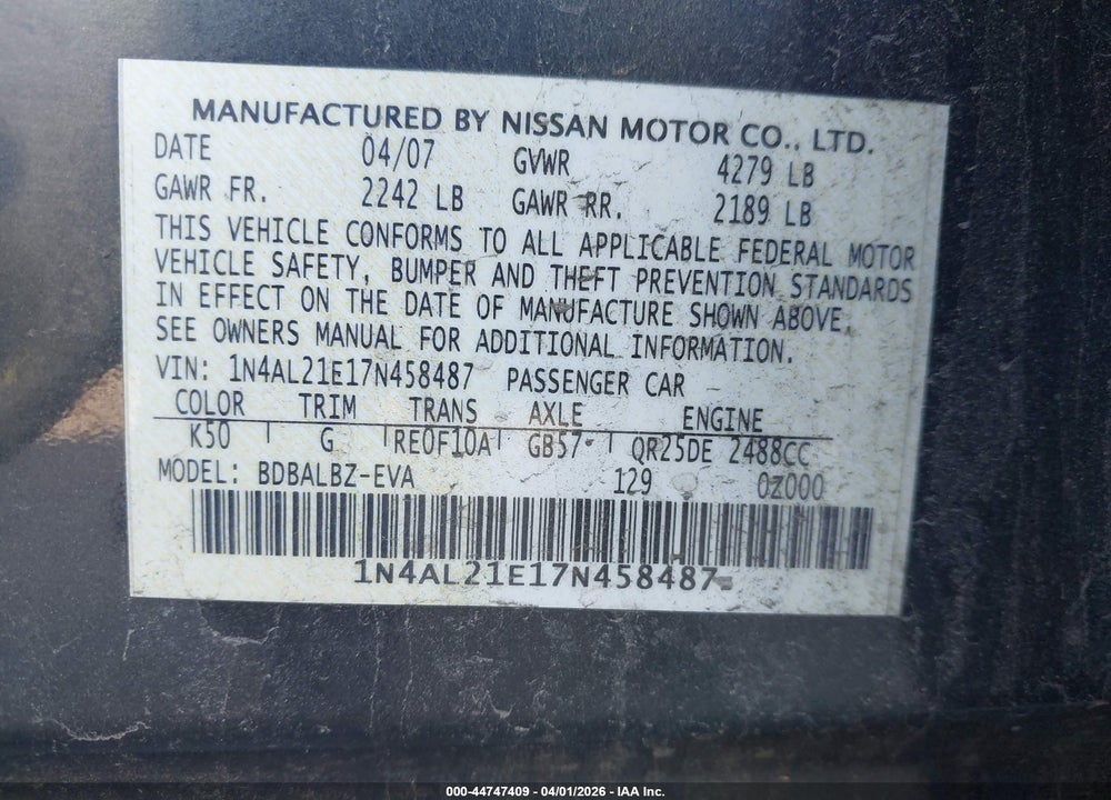 2007 NISSAN ALTIMA 2.5 S VIN: 1N4AL21E17N458487