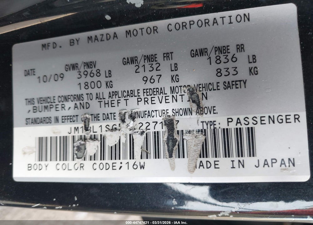 2010 MAZDA 3 I TOURING VIN: JM1BL1SG5A1227177