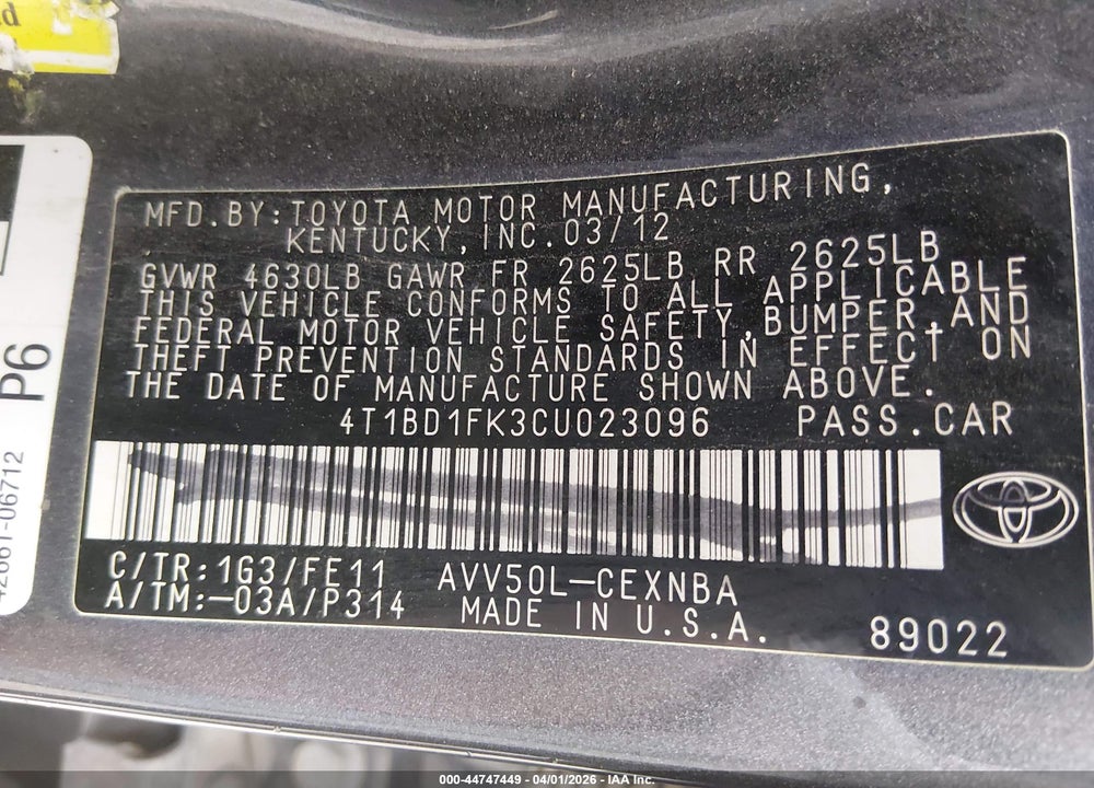2012 TOYOTA CAMRY HYBRID LE VIN: 4T1BD1FK3CU023096