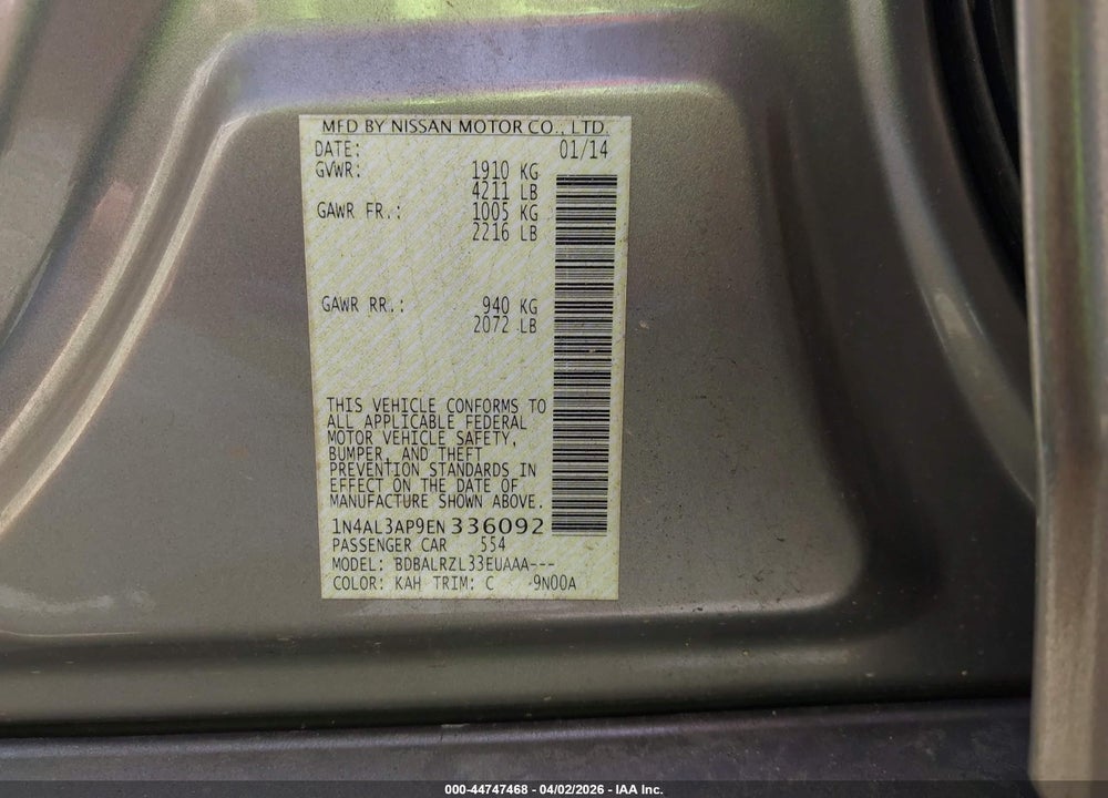 2014 NISSAN ALTIMA 2.5 S VIN: 1N4AL3AP9EN336092