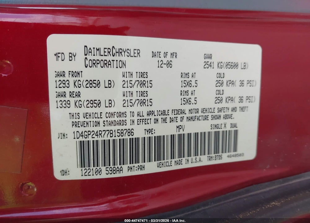 2007 DODGE GRAND CARAVAN SE VIN: 1D4GP24R77B158786