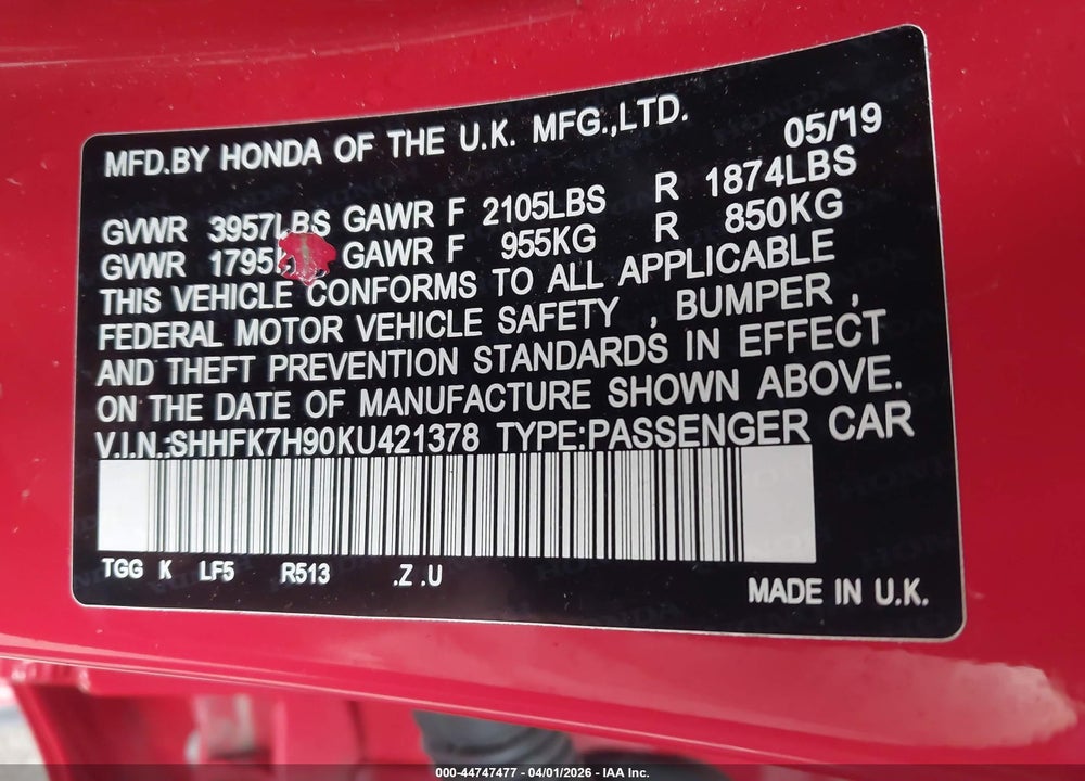 2019 HONDA CIVIC SPORT TOURING VIN: SHHFK7H90KU421378
