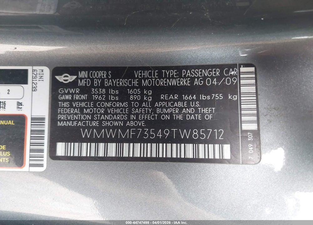 2009 MINI COOPER S VIN: WMWMF73549TW85712