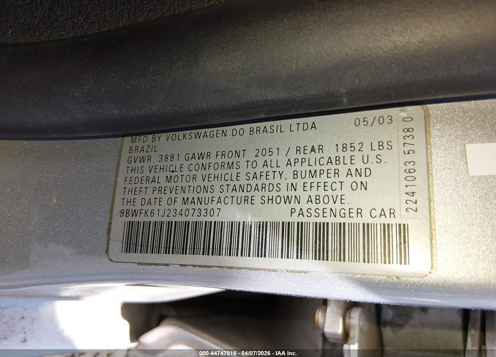 2003 VOLKSWAGEN GOLF GL 2.0L VIN: 9BWFK61J234073307