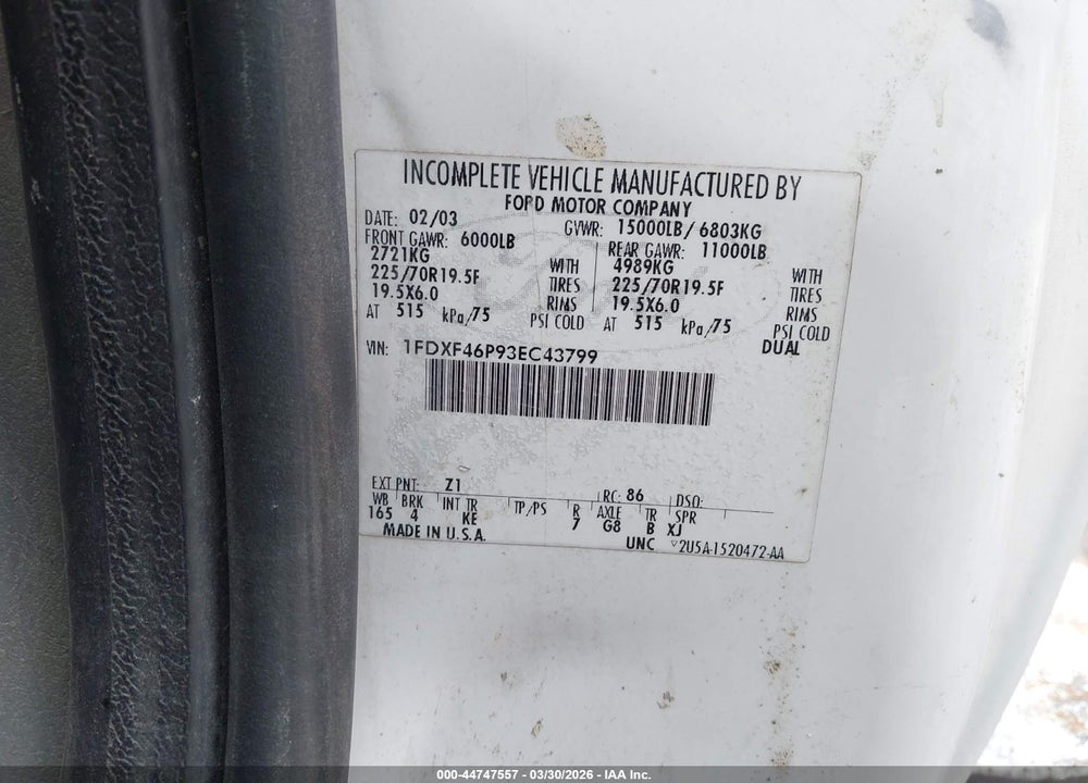 2003 FORD F-450 XL/XLT VIN: 1FDXF46P93EC43799