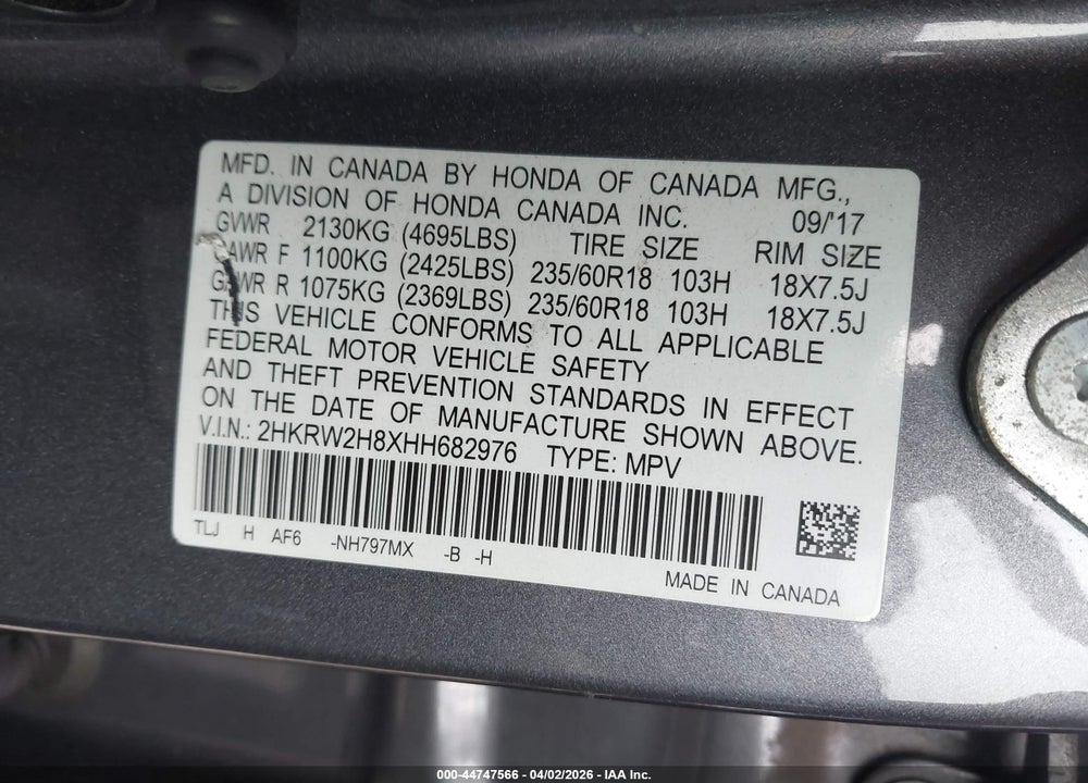 2017 HONDA CR-V EX-L/EX-L NAVI VIN: 2HKRW2H8XHH682976