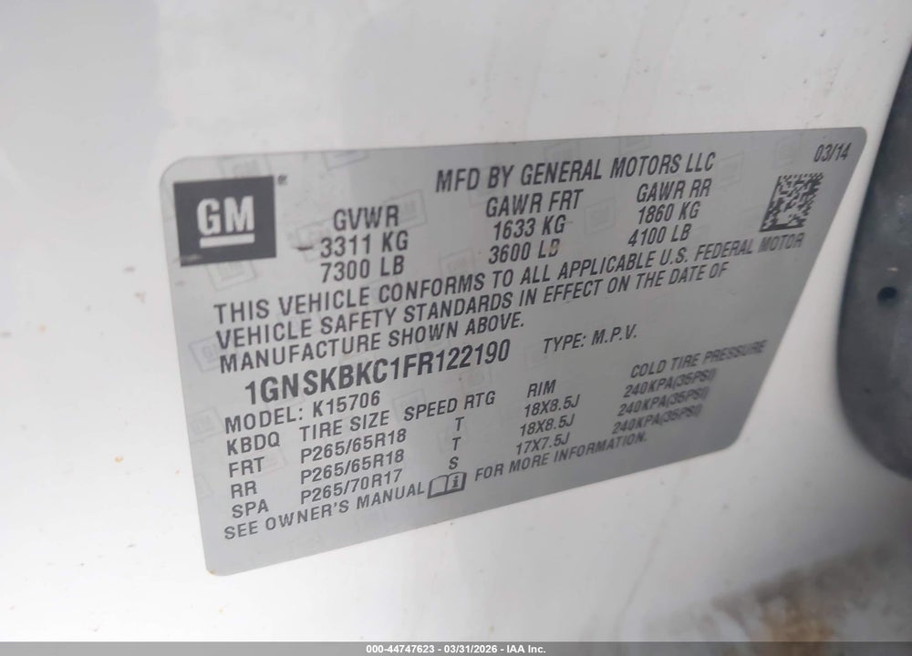 2015 CHEVROLET TAHOE LT VIN: 1GNSKBKC1FR122190