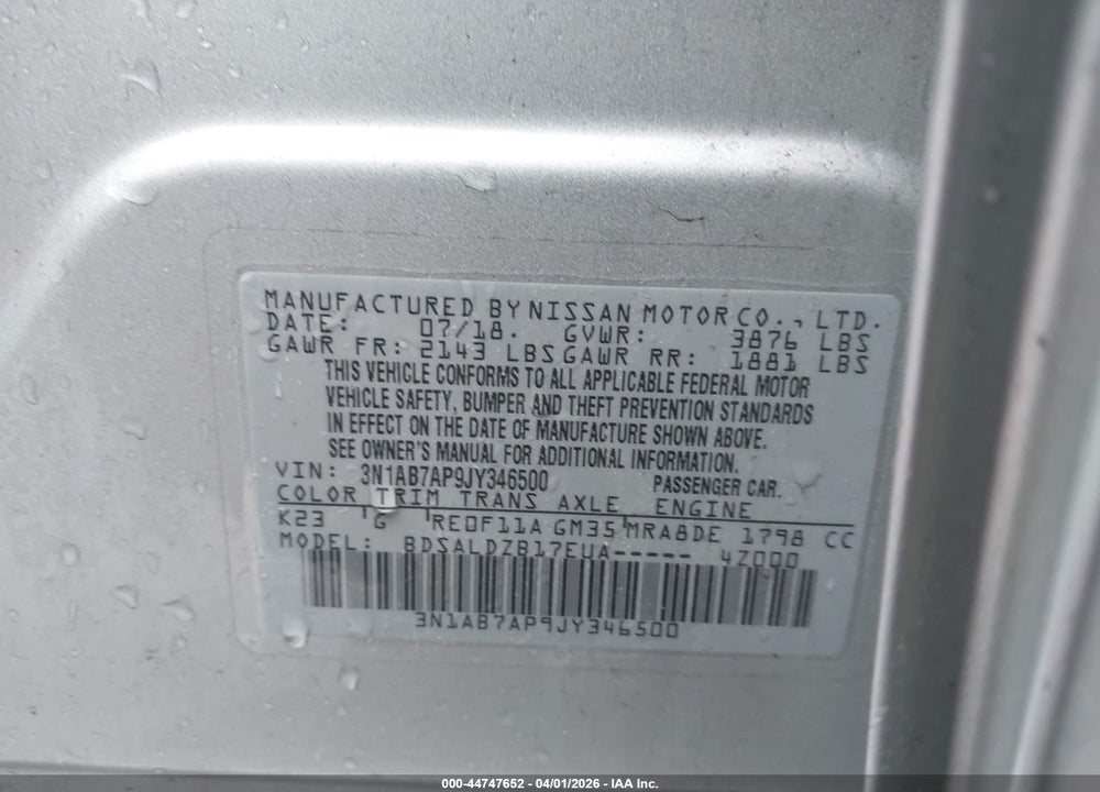 2018 NISSAN SENTRA SV VIN: 3N1AB7AP9JY346500