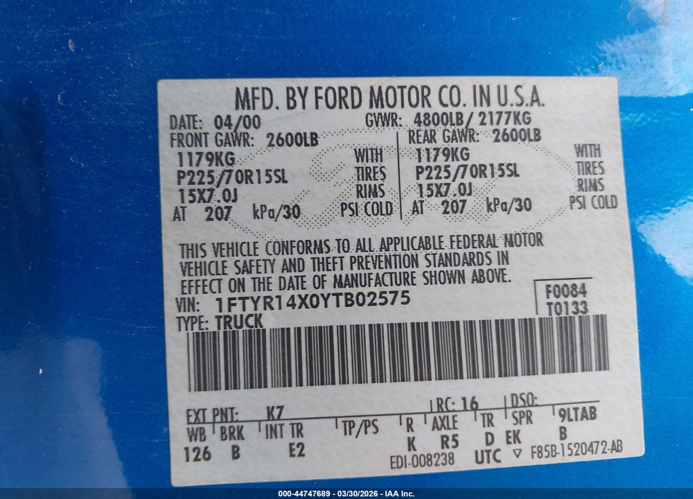 2000 FORD RANGER XLT VIN: 1FTYR14X0YTB02575
