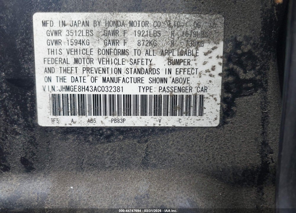 2010 HONDA FIT SPORT VIN: JHMGE8H43AC032381