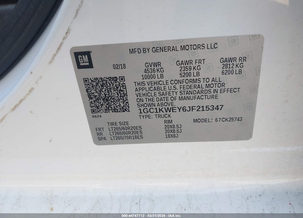 2018 CHEVROLET SILVERADO 2500HD LTZ VIN: 1GC1KWEY6JF215347