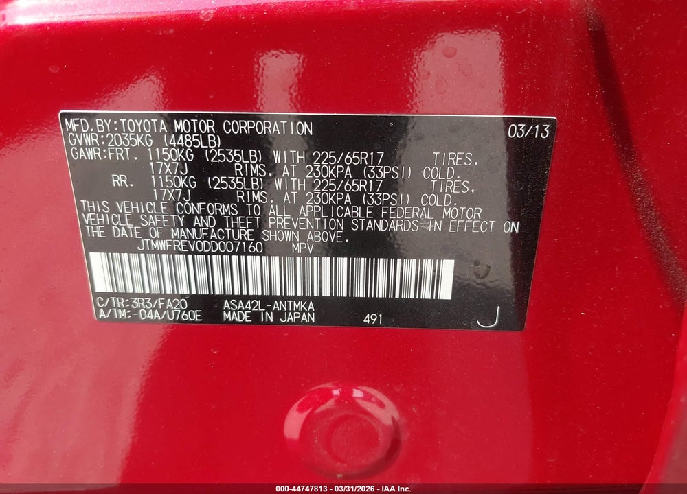 2013 TOYOTA RAV4 XLE VIN: JTMWFREV0DD007160