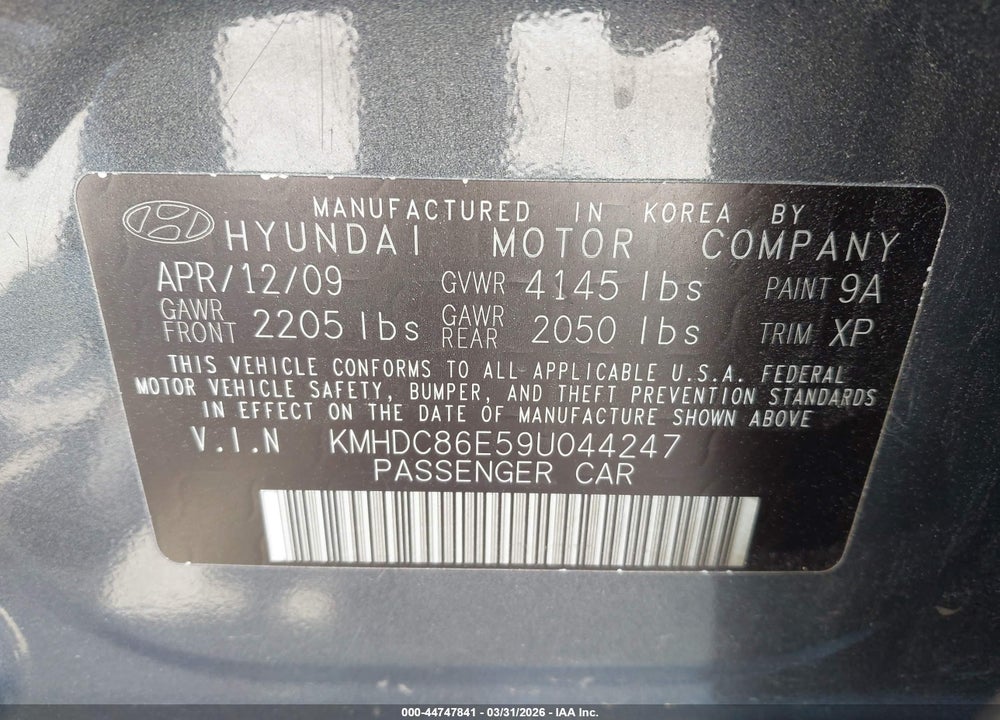 2009 HYUNDAI ELANTRA TOURING VIN: KMHDC86E59U044247