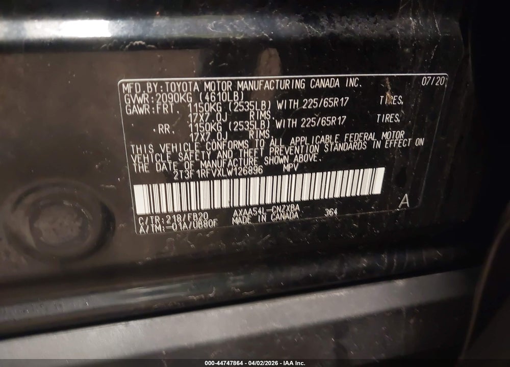2020 TOYOTA RAV4 LE VIN: 2T3F1RFVXLW126896