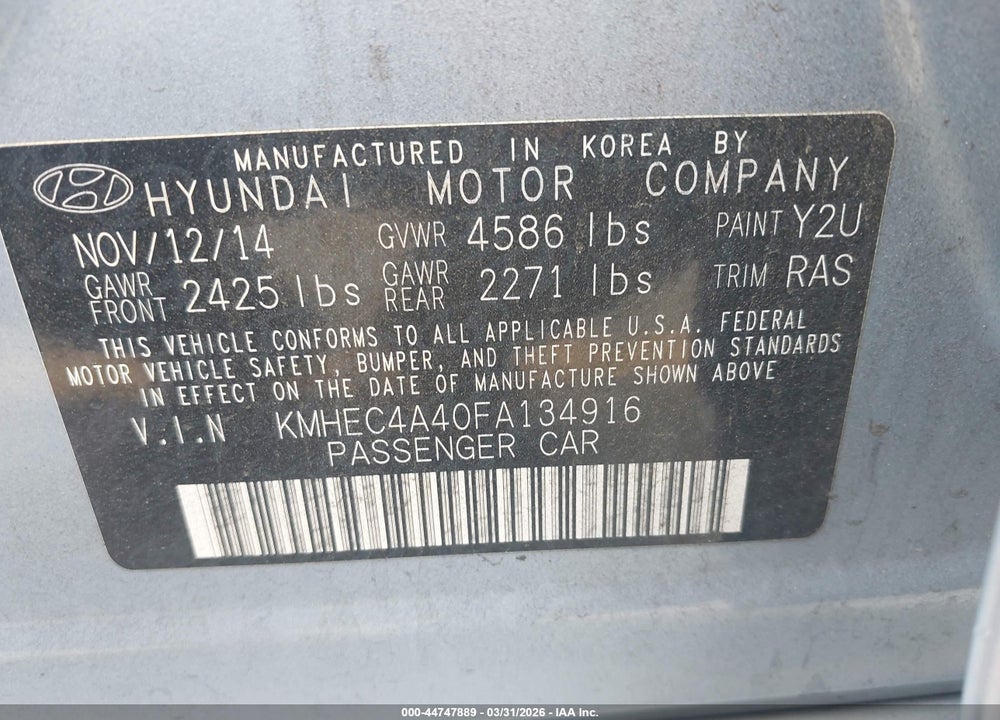2015 HYUNDAI SONATA HYBRID VIN: KMHEC4A40FA134916