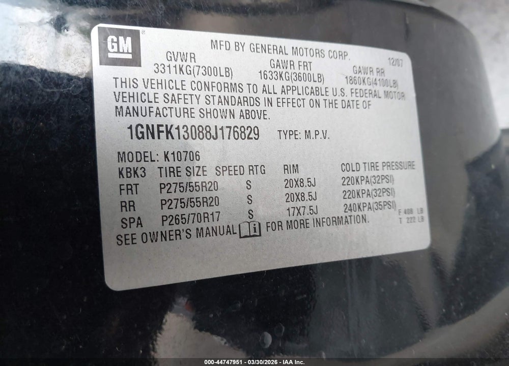 2008 CHEVROLET TAHOE LTZ VIN: 1GNFK13088J176829