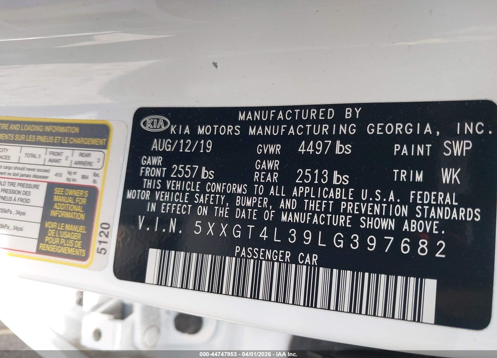 2020 KIA OPTIMA LX VIN: 5XXGT4L39LG397682