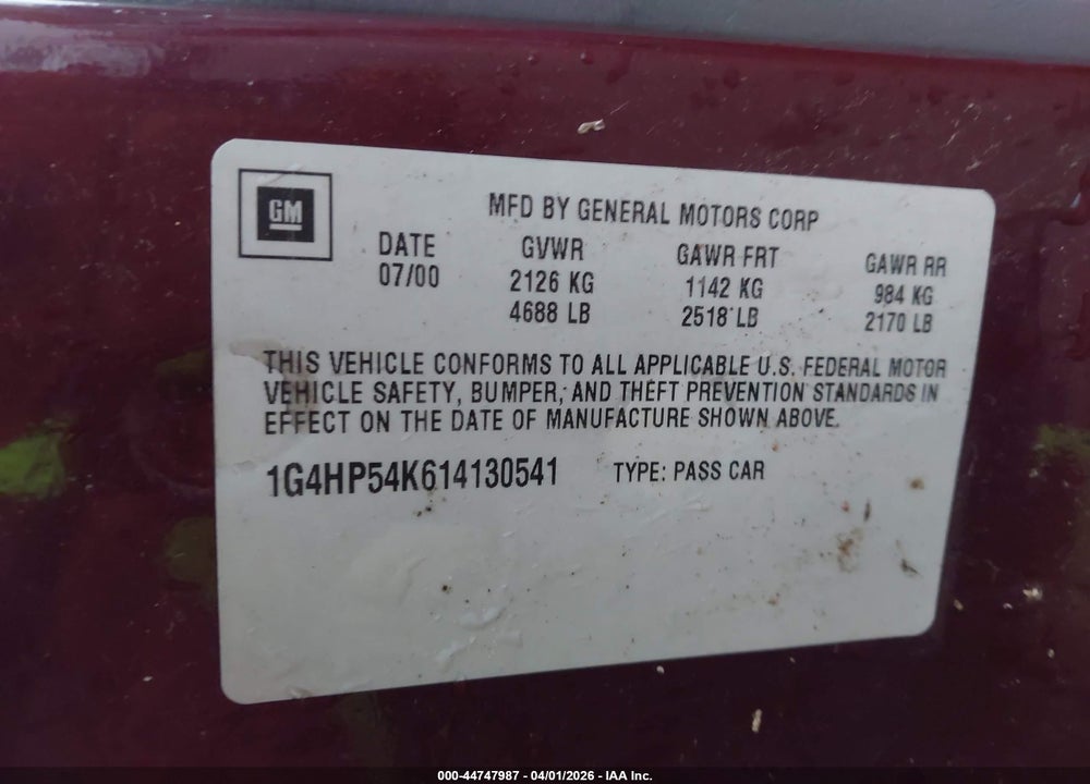 2001 BUICK LESABRE CUSTOM VIN: 1G4HP54K614130541