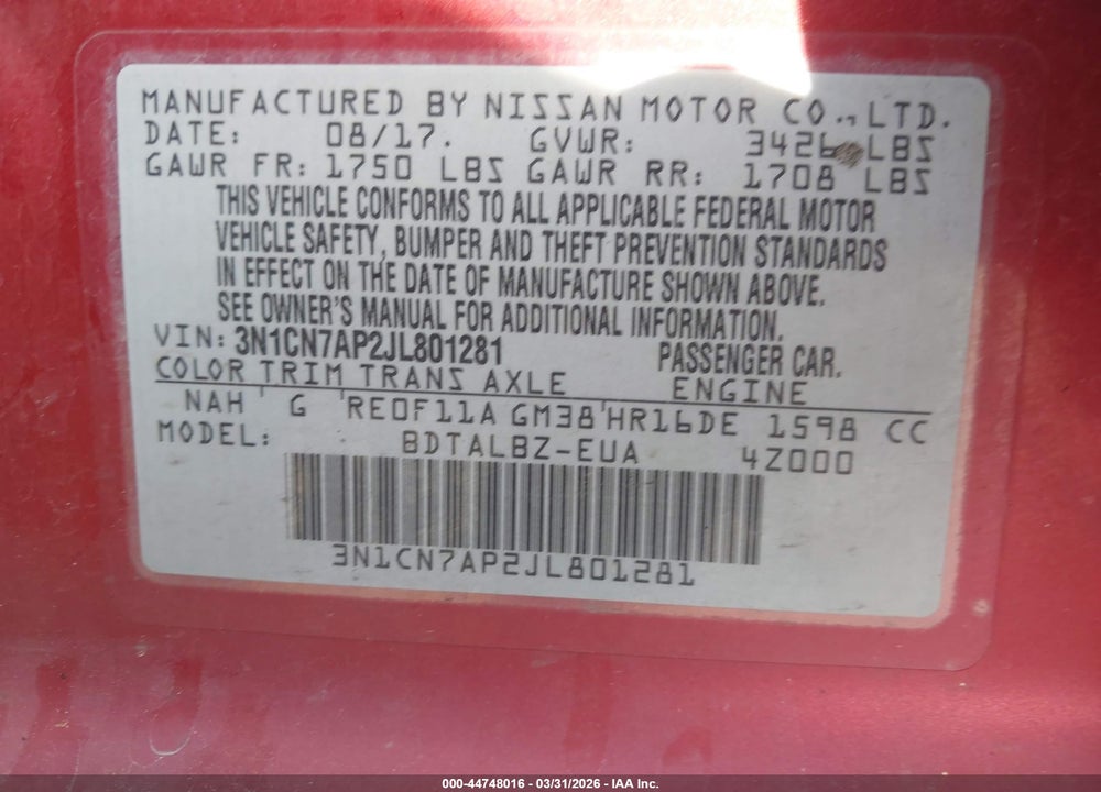 2018 NISSAN VERSA 1.6 SV VIN: 3N1CN7AP2JL801281