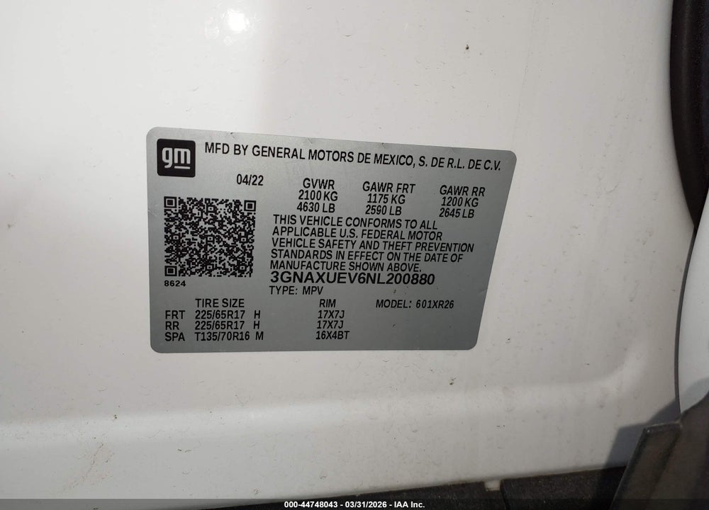 2022 CHEVROLET EQUINOX AWD LT VIN: 3GNAXUEV6NL200880