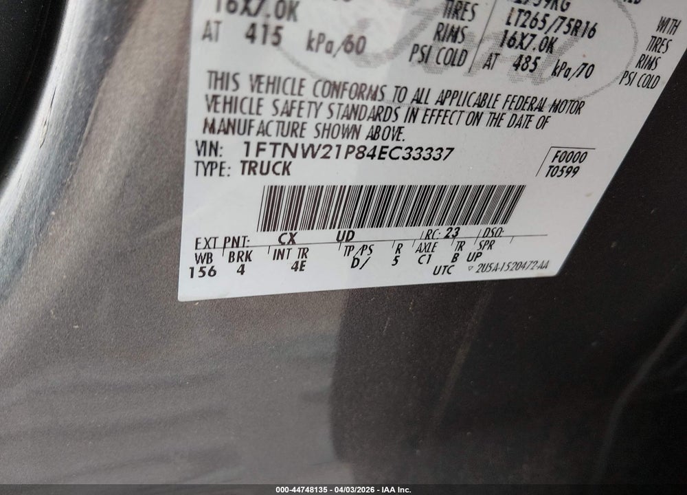 2004 FORD F250 SUPER DUTY VIN: 1FTNW21P84EC33337