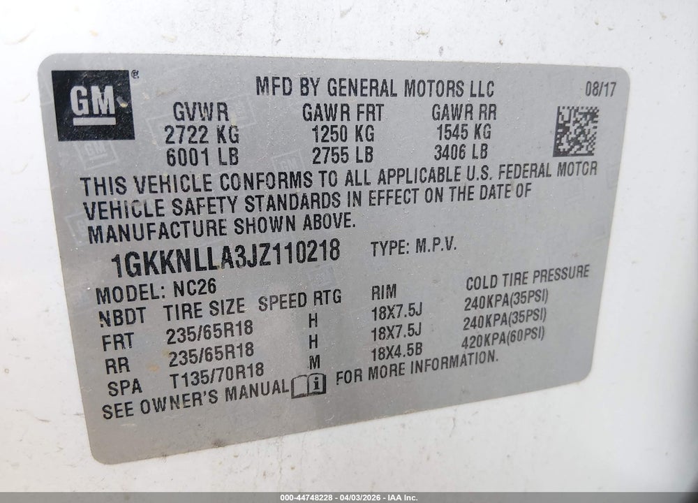 2018 GMC ACADIA SLE-2 VIN: 1GKKNLLA3JZ110218