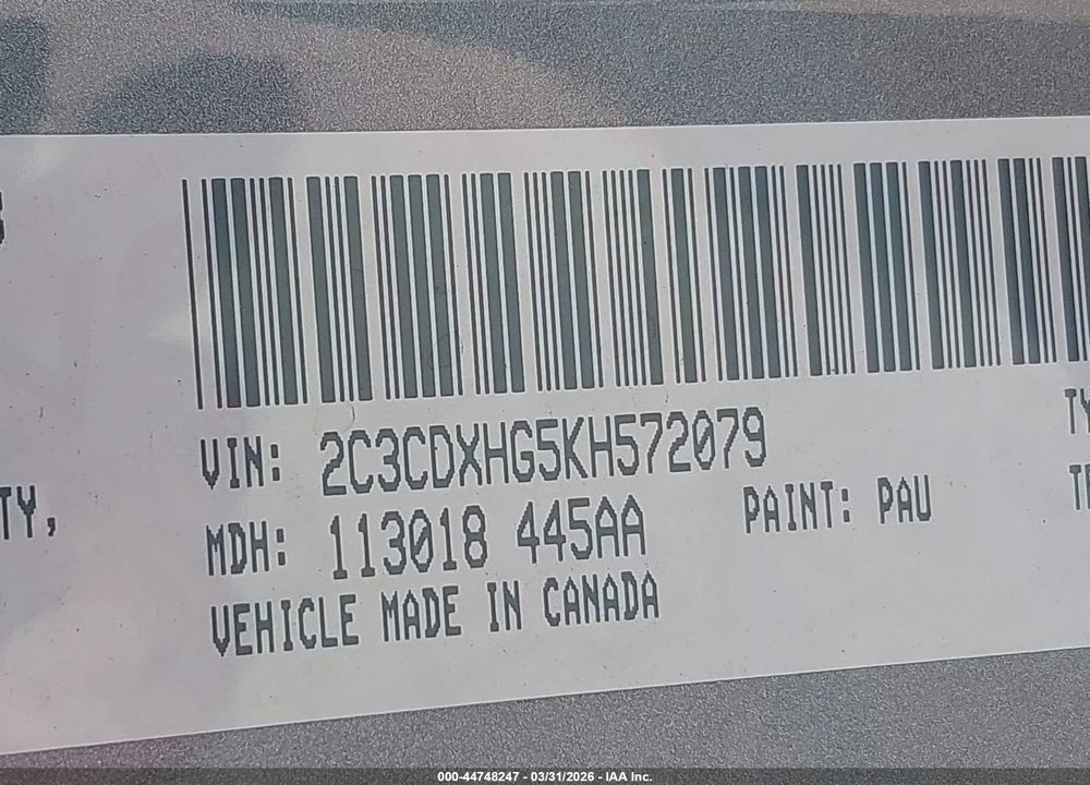2019 DODGE CHARGER GT RWD VIN: 2C3CDXHG5KH572079