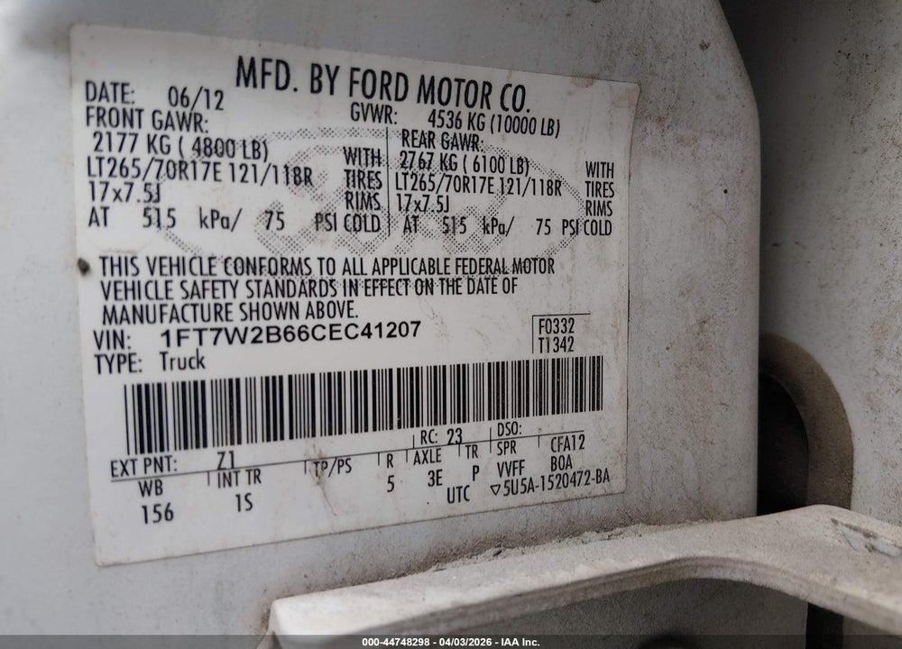2012 FORD F-250 XL VIN: 1FT7W2B66CEC41207