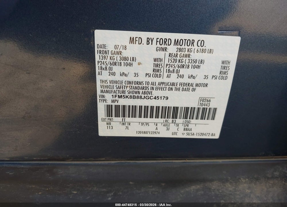 2018 FORD EXPLORER VIN: 1FM5K8B88JGC45179