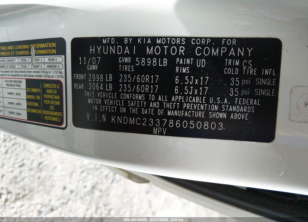 2008 HYUNDAI ENTOURAGE GLS/LIMITED VIN: KNDMC233786050803