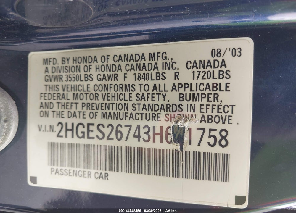 2003 HONDA CIVIC EX VIN: 2HGES26743H621758