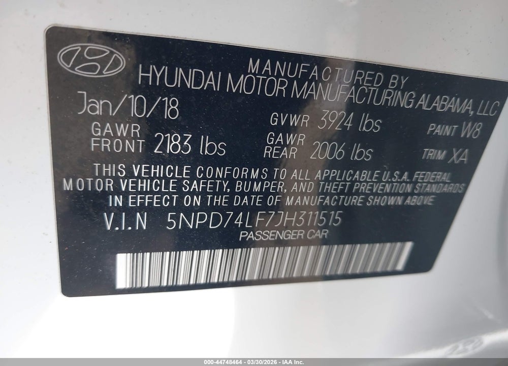 2018 HYUNDAI ELANTRA SE VIN: 5NPD74LF7JH311515