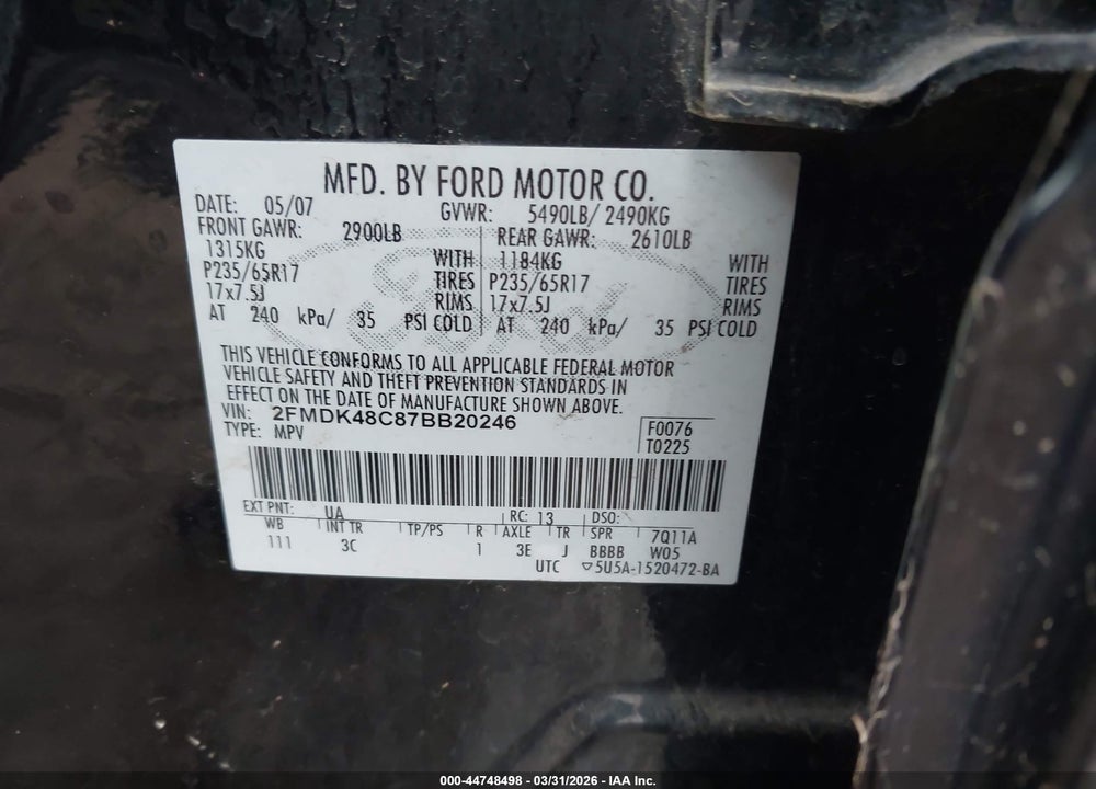 2007 FORD EDGE SEL VIN: 2FMDK48C87BB20246