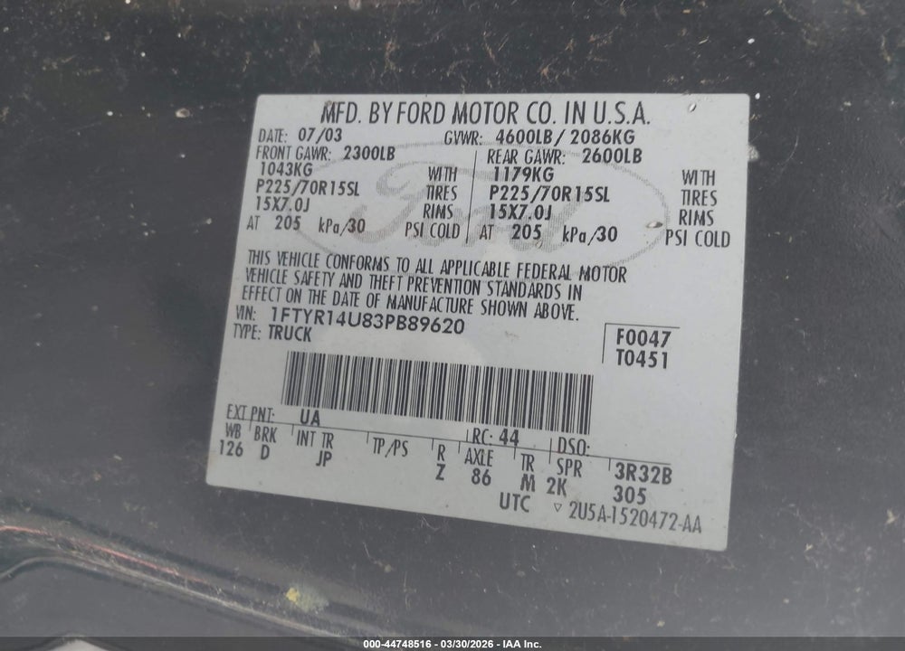2003 FORD RANGER EDGE/TREMOR/XL/XLT VIN: 1FTYR14U83PB89620