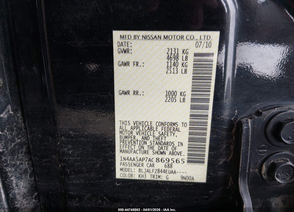2010 NISSAN MAXIMA 3.5 SV VIN: 1N4AA5AP7AC869565