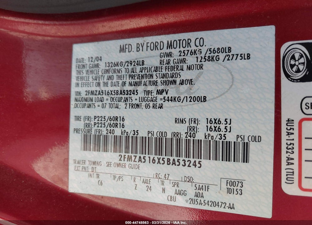 2005 FORD FREESTAR SE VIN: 2FMZA516X5BA53245