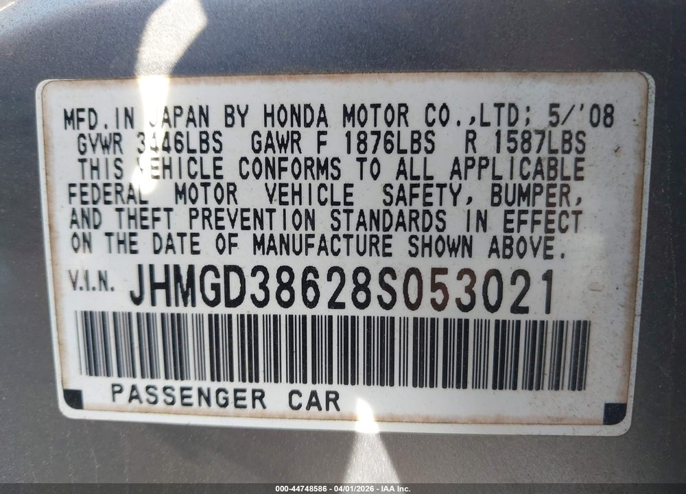 2008 HONDA FIT SPORT VIN: JHMGD38628S053021